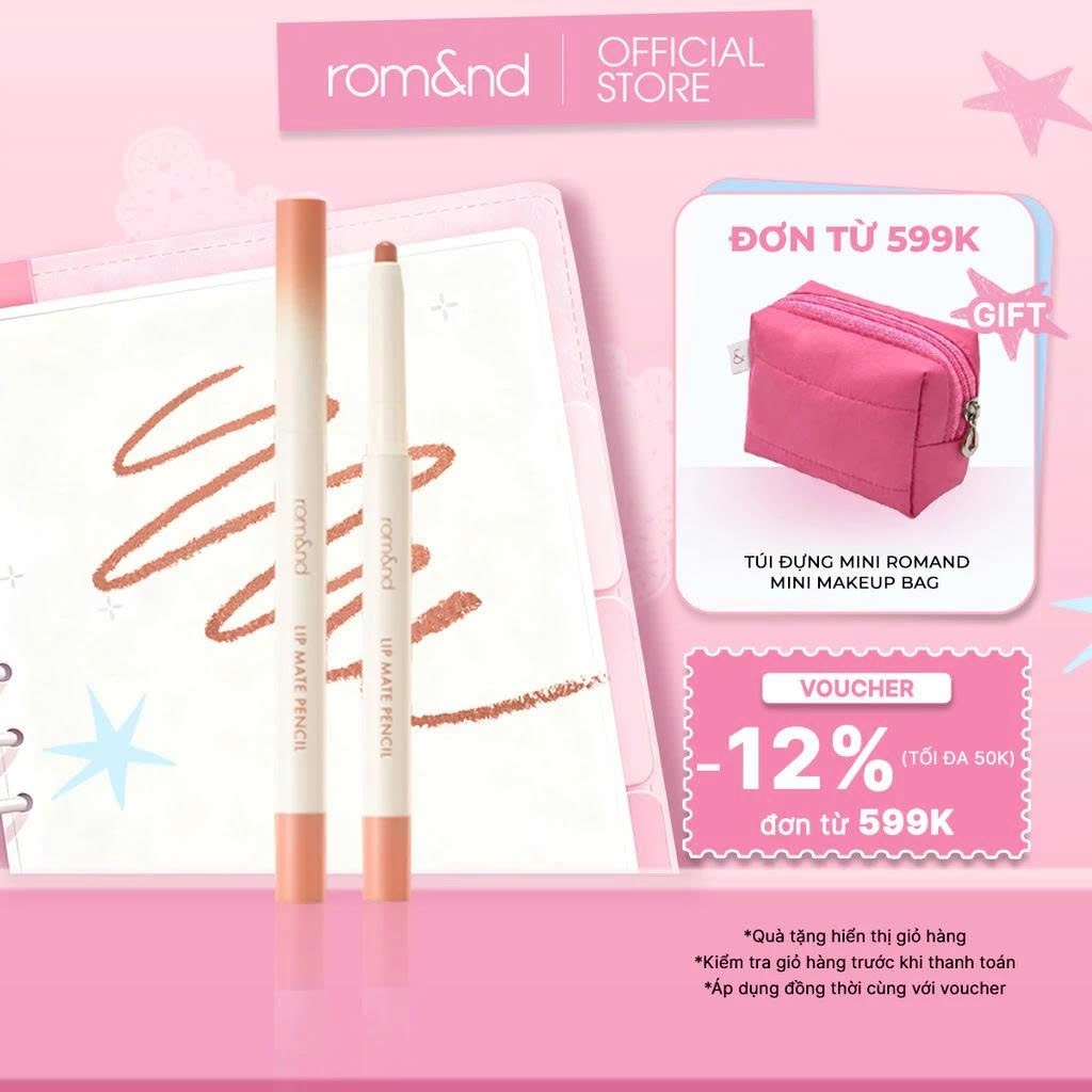 [Rom&nd] Chì kẻ viền môi mịn lì, kèm cọ tán Hàn Quốc Romand Lip Mate Pencil - Be OVEEER Shade - 0.5g