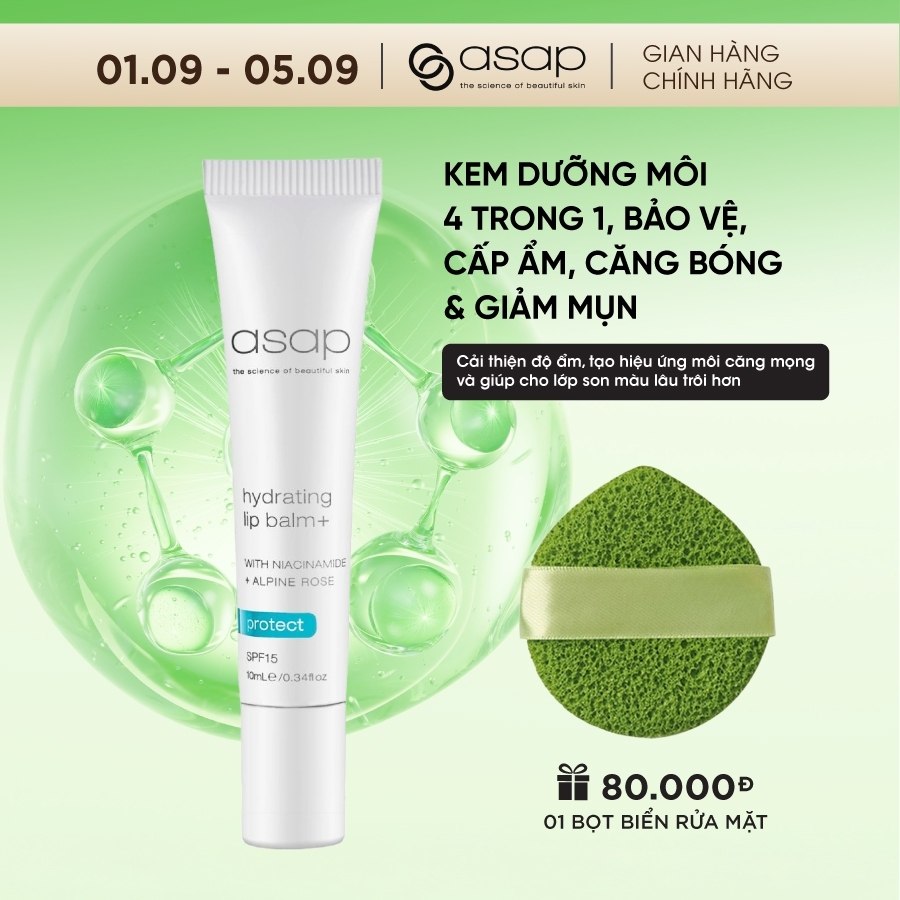 Kem dưỡng bảo vệ, làm mềm mịn môi Asap Hydrating Lip Balm SPF15+ giúp làm hồng môi 10ml
