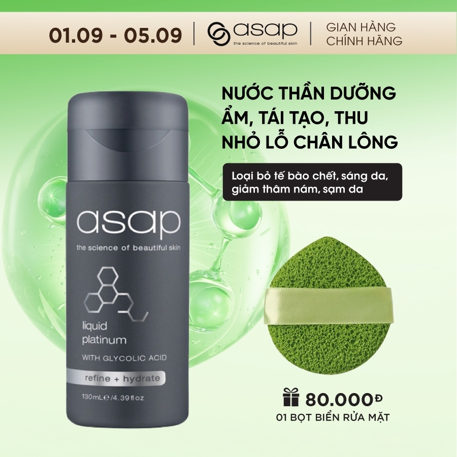 Nước thần dưỡng ẩm, tái tạo, thu nhỏ lỗ chân lông Asap Liquid Platinum giảm sạm da 130ml