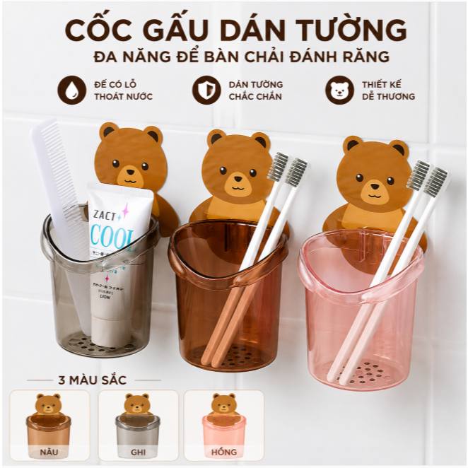 ❌1K❌ Cốc Gấu Dán Tường Đa Năng Để Bàn Chải Đánh Răng Có Tặng Kèm Miếng Dán Có Lỗ Thoát Nước Tiện Lợi 88183