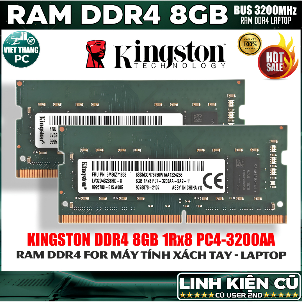 Ram Máy Tính Laptop Kingston 8GB DDR4 Bus 3200Mhz Dùng cho Laptop Ram cũ đã qua sử dụng ( Cũ - 2nd )