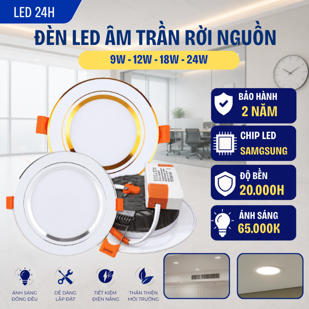 Đèn LED Âm Trần Đế Gang Đúc 7W 9W 12W (Nguồn Rời) Phi 90 Phi 110 Đèn Âm Trần…