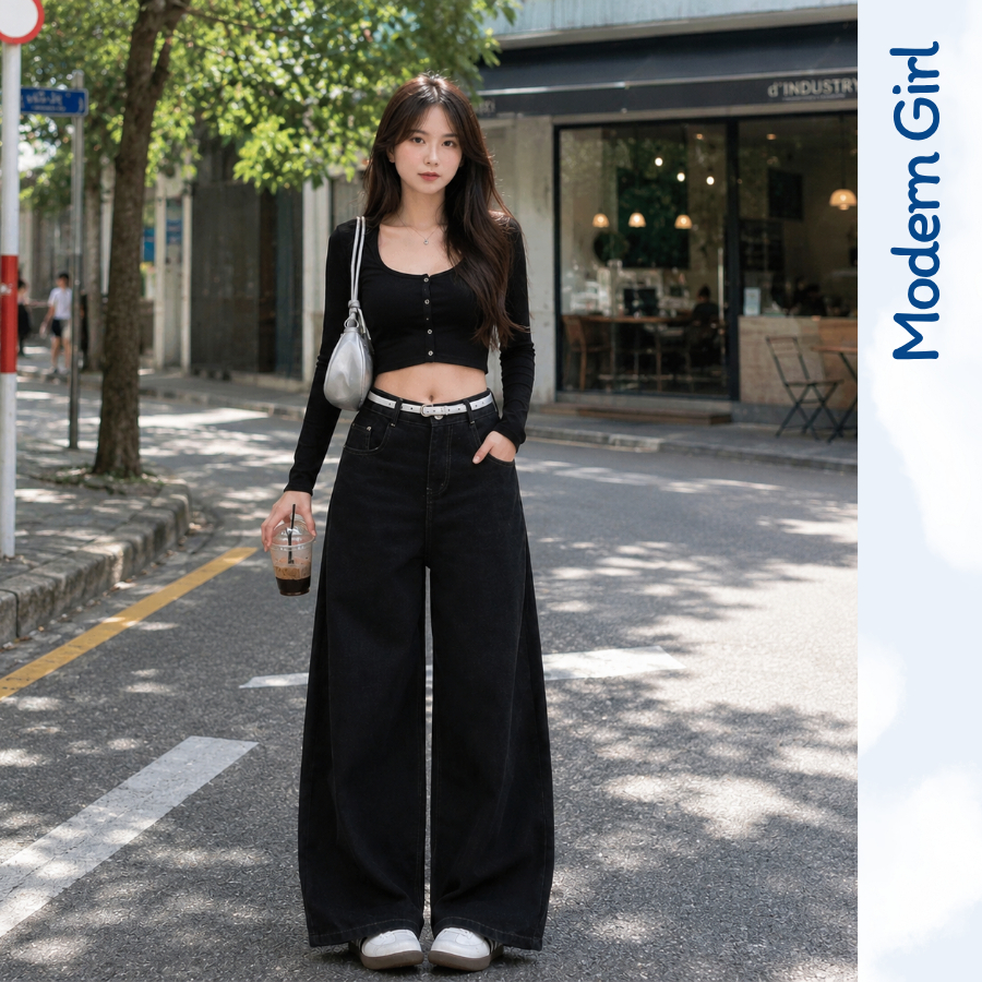 Quần Jean Bò Ống Rộng Cạp Cao, Quần Jean Ống Rộng Modern Girls Hack Dáng Hottrend