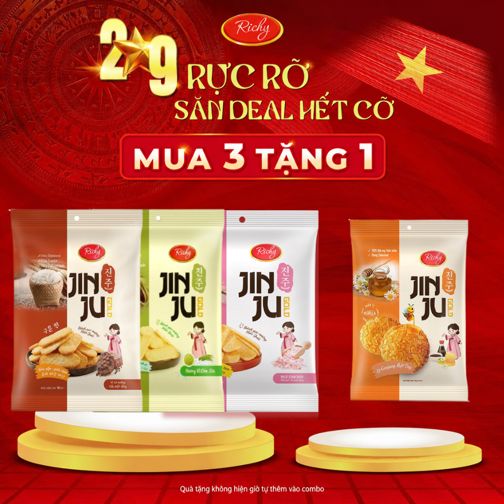 [GIAO SAU LỄ] [Mua 3 Tặng 1] Combo 3 Gói Bánh Gạo Richy Jinju Các Vị: Mật Ong, Muối Hồng, Cốm Sữa, B