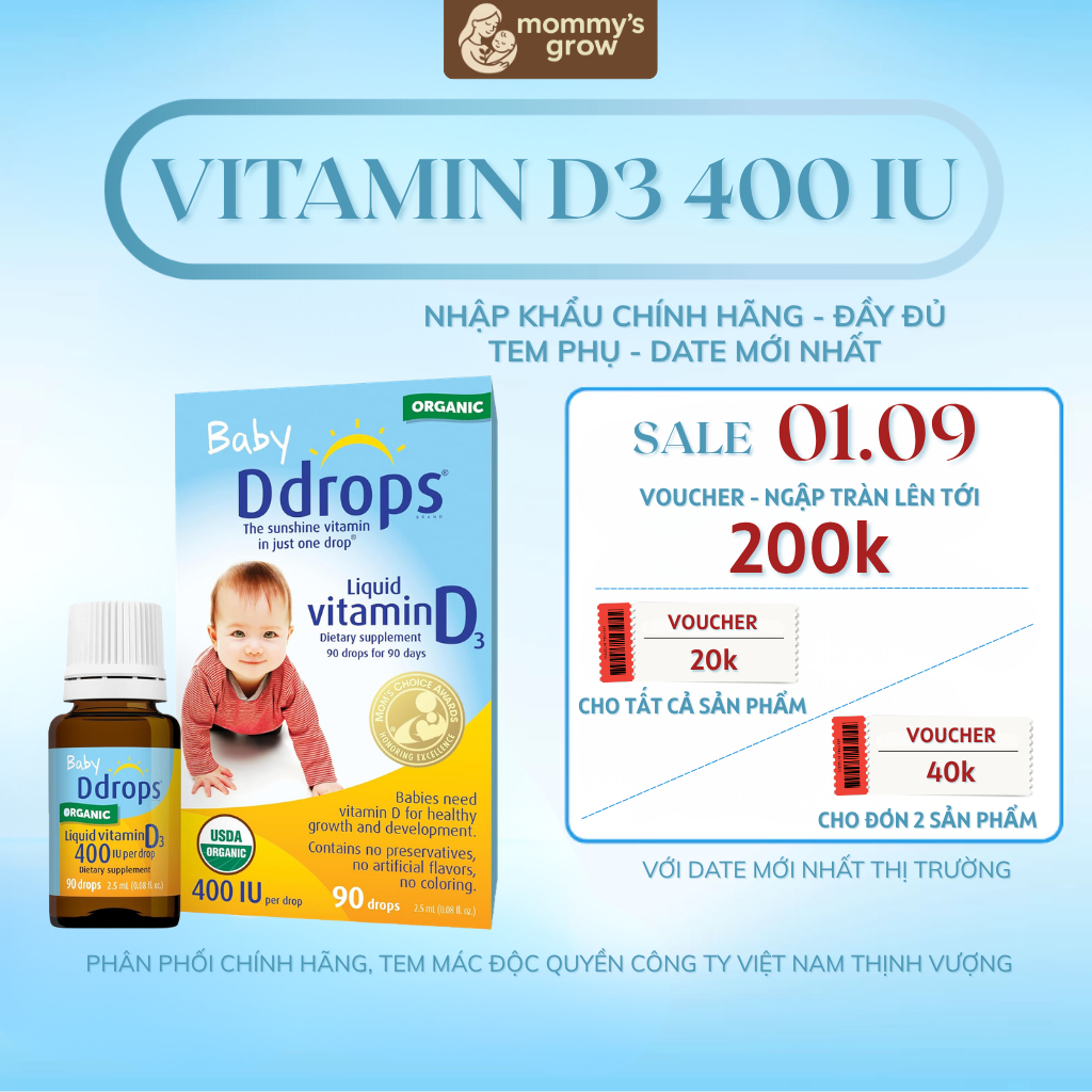 Vitamin D3 Baby Ddrops 400 IU 90 giọt Canada bổ sung vitamin d3 hỗ trợ phát triển cho bé