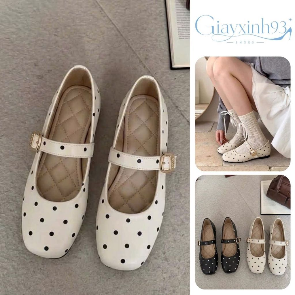 Giày Búp Bê Nữ Chấm Bi, Giày Mary Jane Quai Ngang Mũi Vuông Phong Cách Pháp Êm…