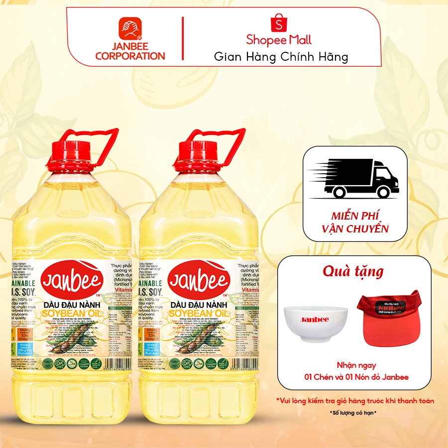Dầu Đậu Nành Janbee -  Combo 2 Bình 5 Lít  – Nguyên Chất 100%, Không Trans Fat