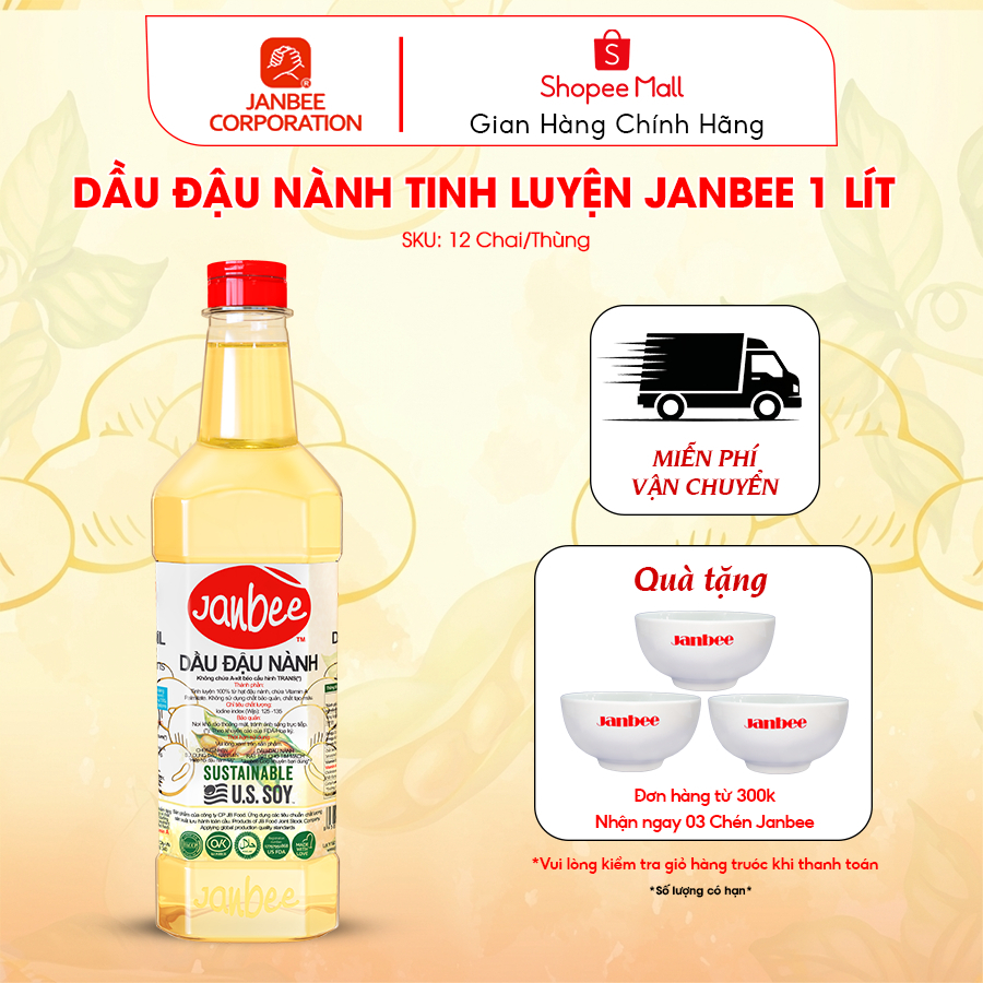 Dầu Đậu Nành Janbee Chai 1 Lít Nguyên Chất 100%, Không Trans Fat