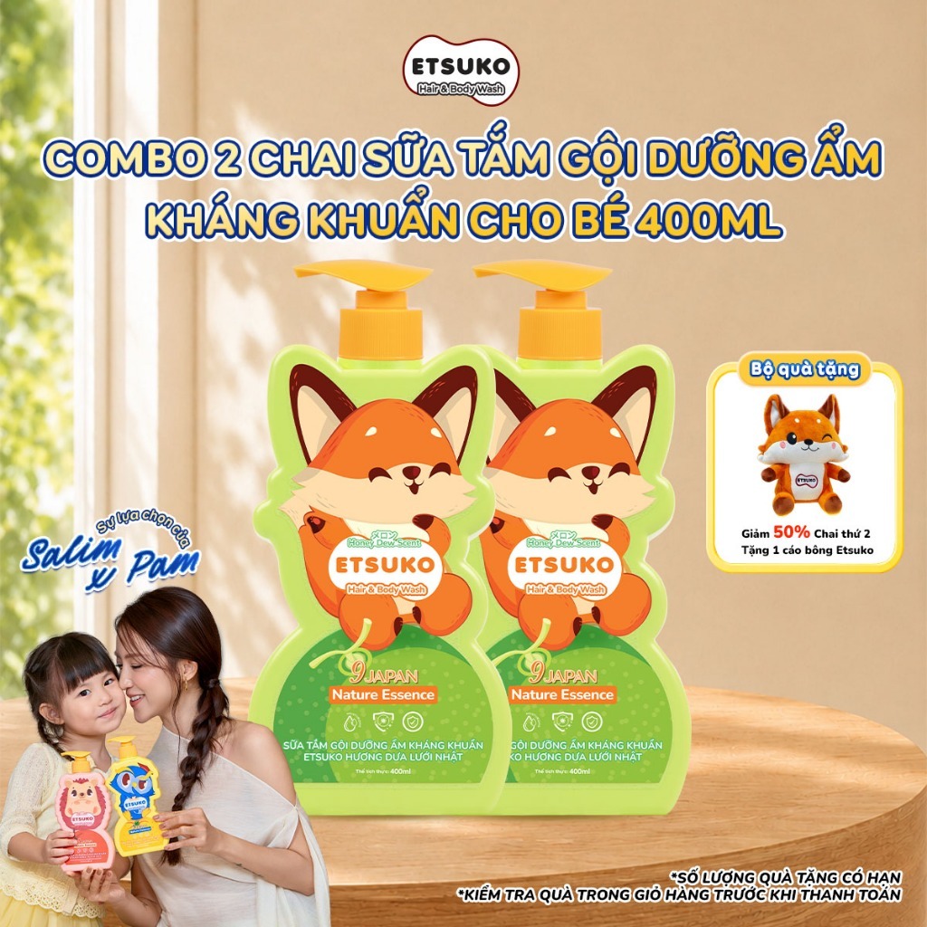 Combo 2 Chai Tắm Gội Cho Bé ETSUKO 400ml Dưỡng Ẩm Dịu Nhẹ, Kháng Khuẩn Bảo Vệ Da