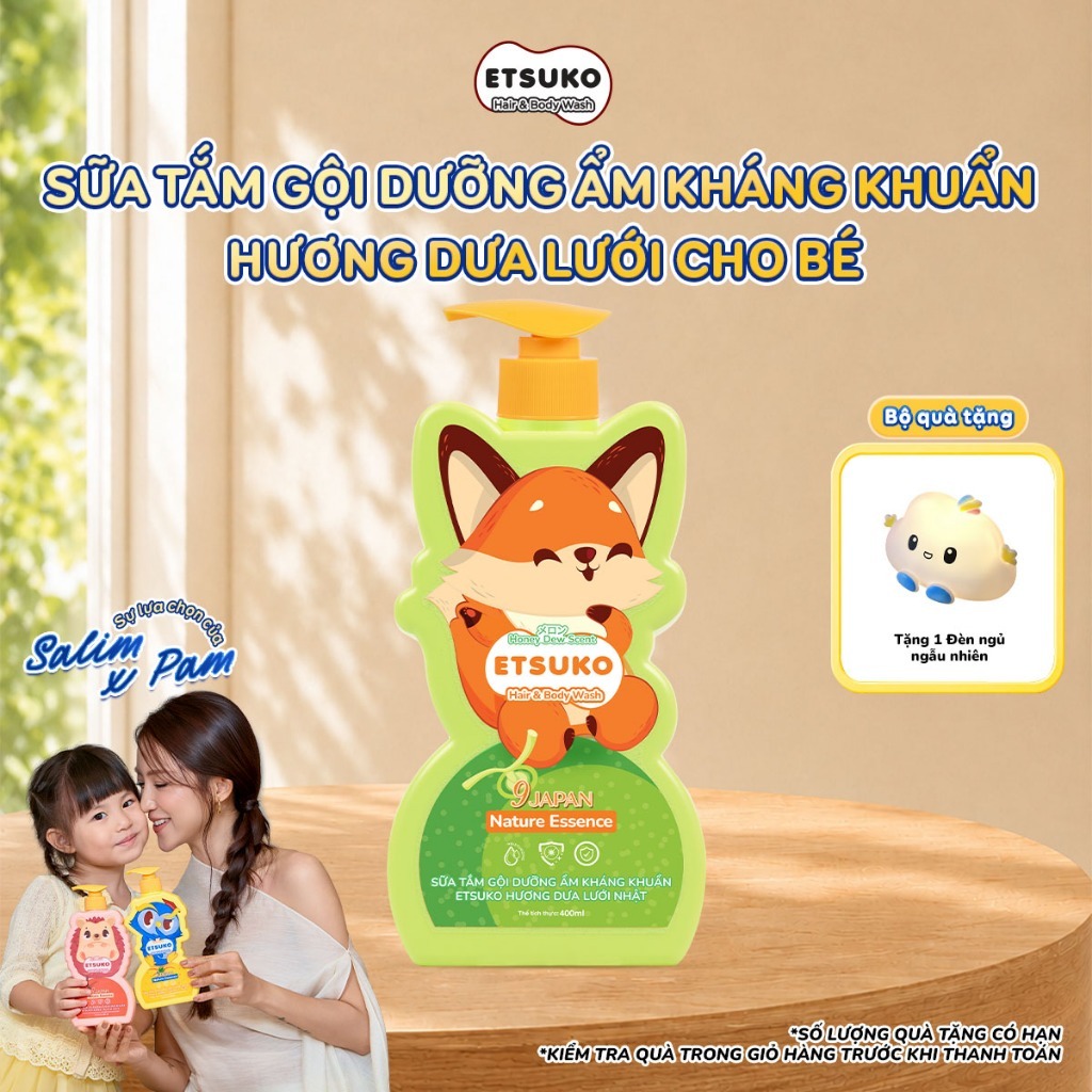 Sữa Tắm Gội Cho Bé ETSUKO Hương Dưa Lưới Nhật 400ml Dưỡng Ẩm Và Kháng Khuẩn An Toàn Cho Da Nhạy Cảm.