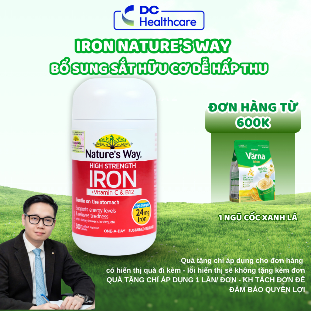 SẮT HỮU CƠ Nature’s Way High Strength Iron + Vitamin C&B12 - Hỗ Trợ Bổ Sung Sắt, Vitamin C & B12 Cho
