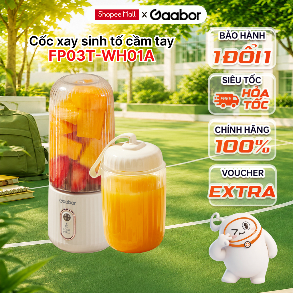 Cốc xay sinh tố cầm tay Gaabor FP03T-WH01A pin sạc tiện lợi 350ml + 280ml dùng cho gym văn phòng