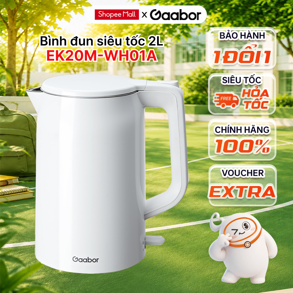 Ấm đun siêu tốc Gaabor EK20M-WH01A dung tích 2L 1500W lòng ấm inox 304 đúc nguyên khối