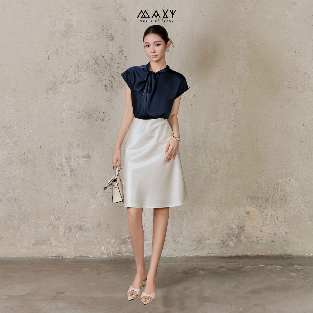 Áo kiểu nữ lụa sang chảnh Knot Sleeve Top Navy Maxy Workshop