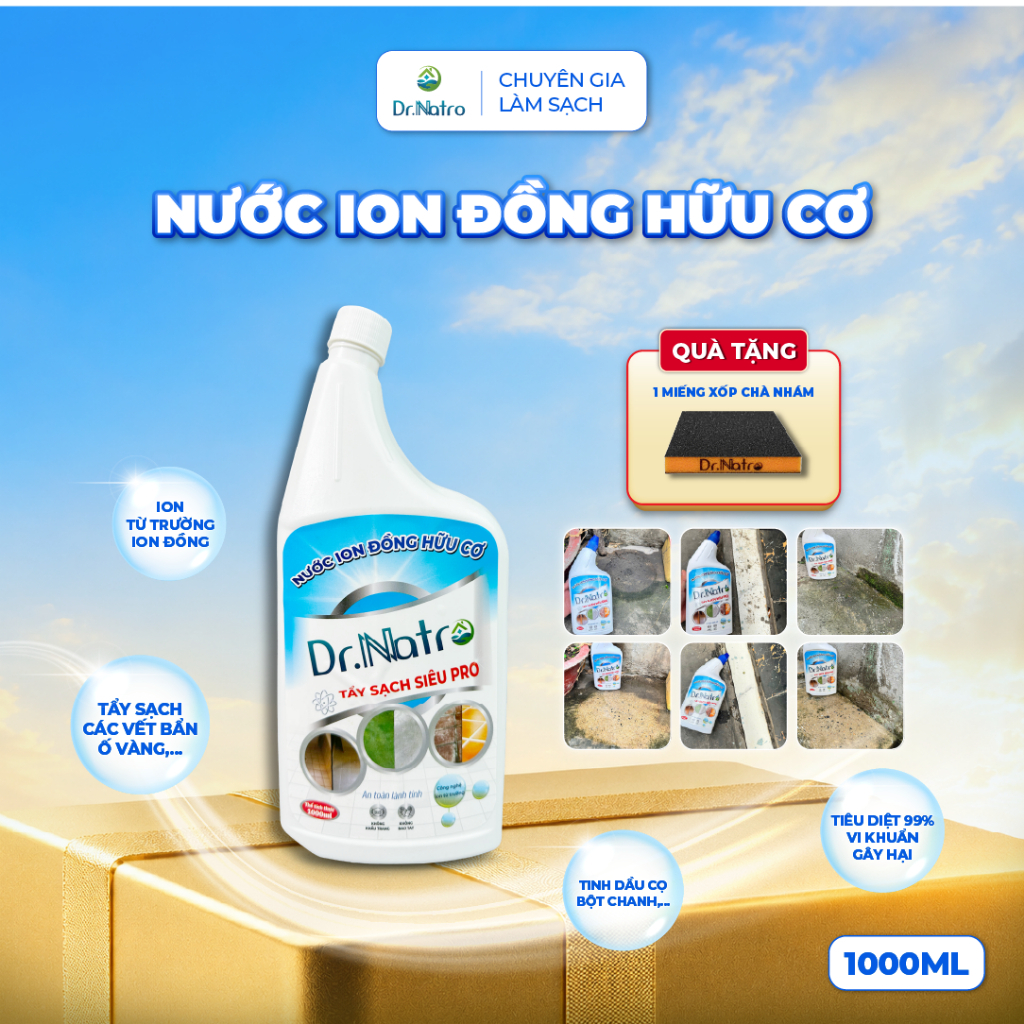 [Tặng 1 Miếng Chà Rửa] Nước Ion Đồng Hữu Cơ Dr.Natro Tẩy Sạch Tường Gạch Ron, Gạch Cặn, Canxi Mốc, R
