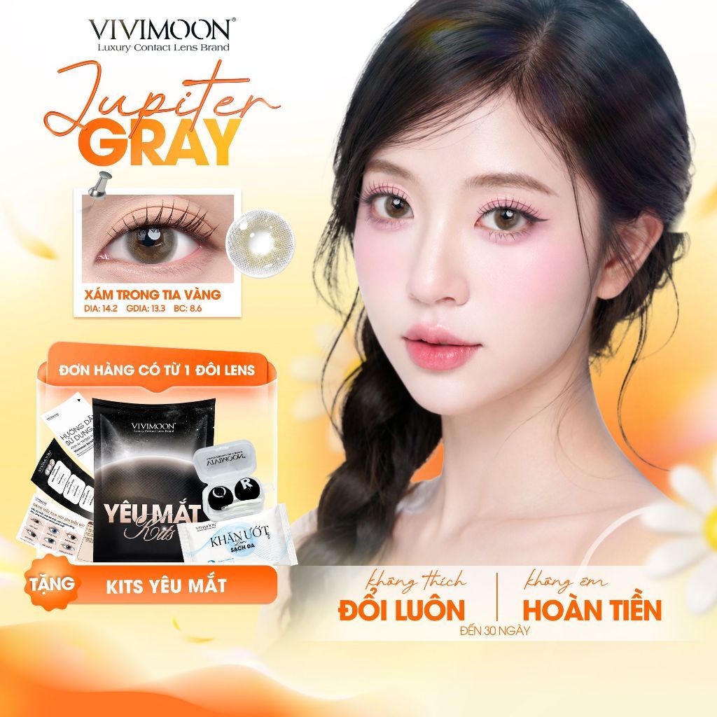 Lens VIVIMOON, Lens cận 6 tháng 14.2 giãn tròng nhẹ màu xám JUPITER GRAY, Kính áp tròng có độ cận từ