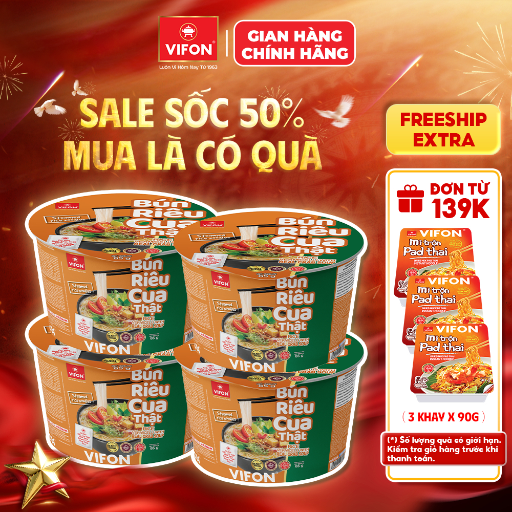 [VOUCHER HOT 10%] Set 4 Tô Bún Riêu Cua VIFON 85gr – Bún Riêu Ăn Liền Riêu Cua Thật Đậm Đà, Tiện Dụn