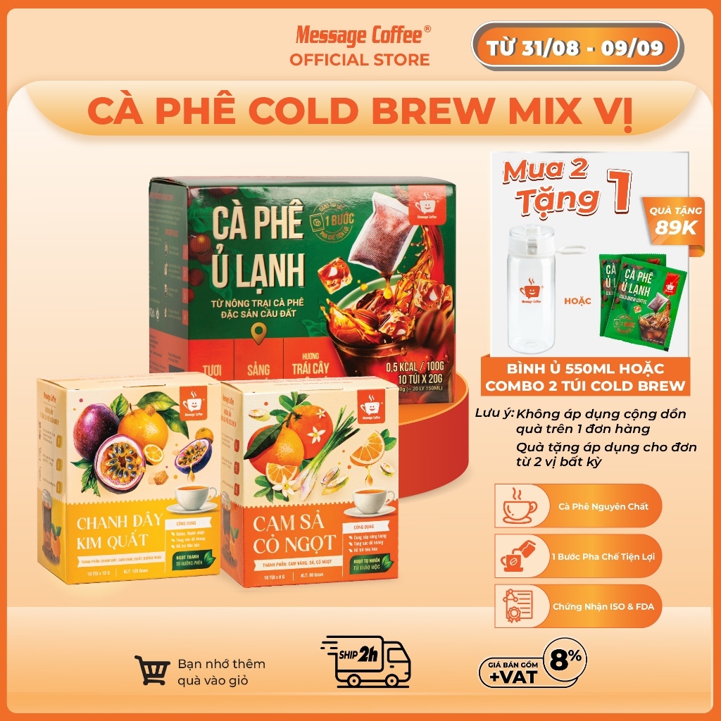 Cà phê Ủ Lạnh Cold Brew túi lọc Arabica Cầu Đất mix vị, cafe tiện lợi một bước pha chế từ Message Co