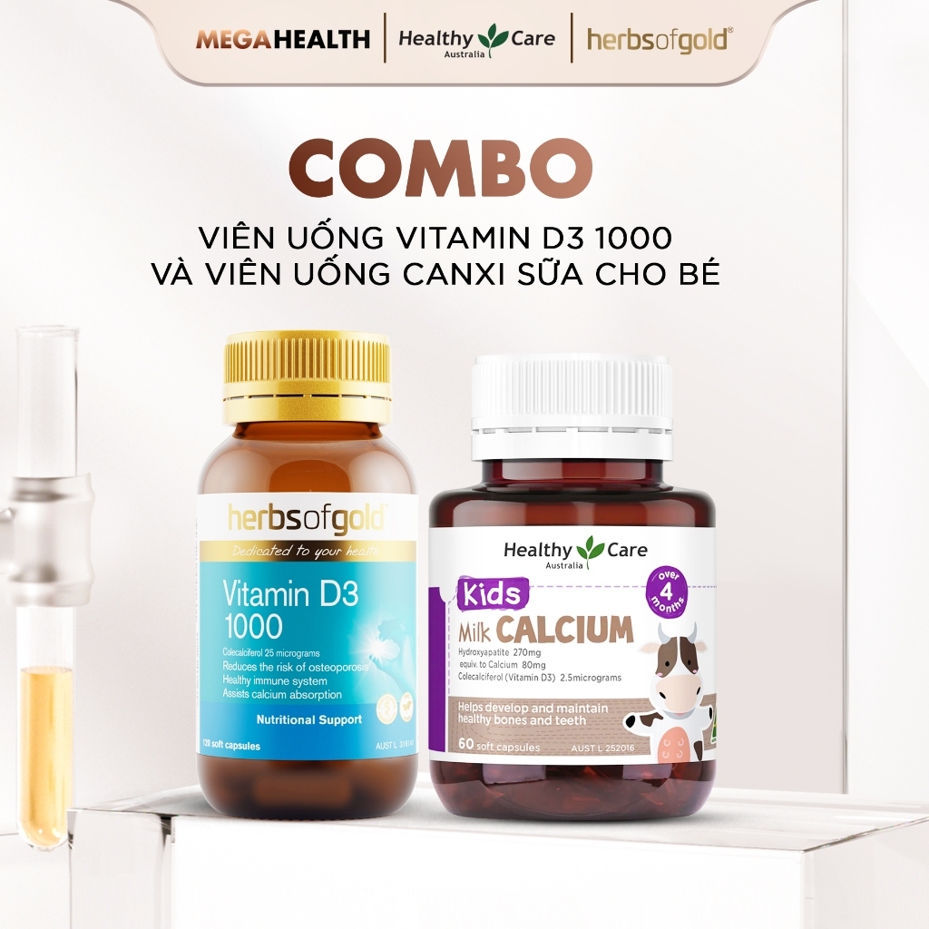 Combo Úc Cho Mẹ & Bé - Vitamin D3 1000IU Herbs of Gold & Canxi Sữa Healthy Care Kids Milk Calcium