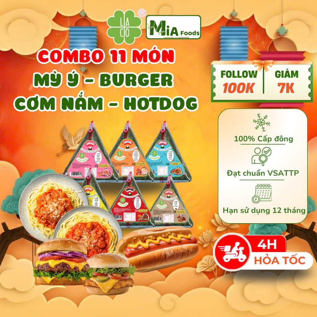 [GIAO HÀNG HỎA TỐC] Combo 11 Món Cơm Nắm Ăn Liền, Burger Ăn Liền, Mì Ý, Hotdog Laco Foods 🍔🍙🍝