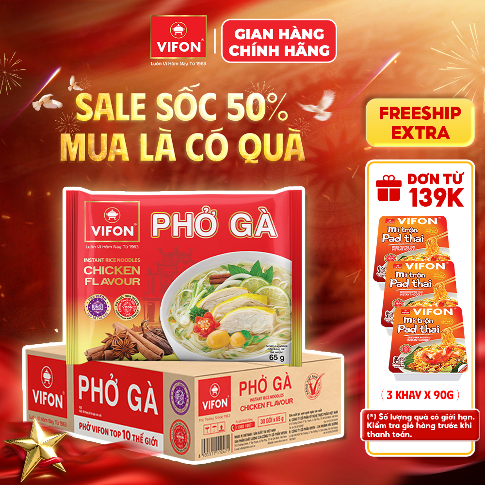 [VOUCHER HOT 10%] Thùng 30 Gói Phở Gà VIFON 65g / Gói