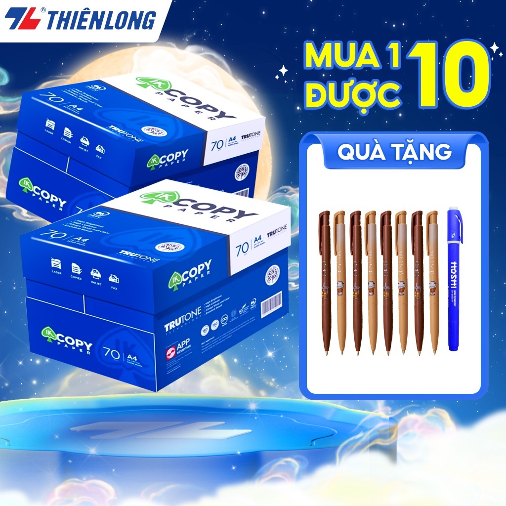 10 ream Giấy in A4 70 gsm, giấy A4 photo IK Copy Paper Thiên Long 500 tờ/ream, đều màu, độ dày cao, 