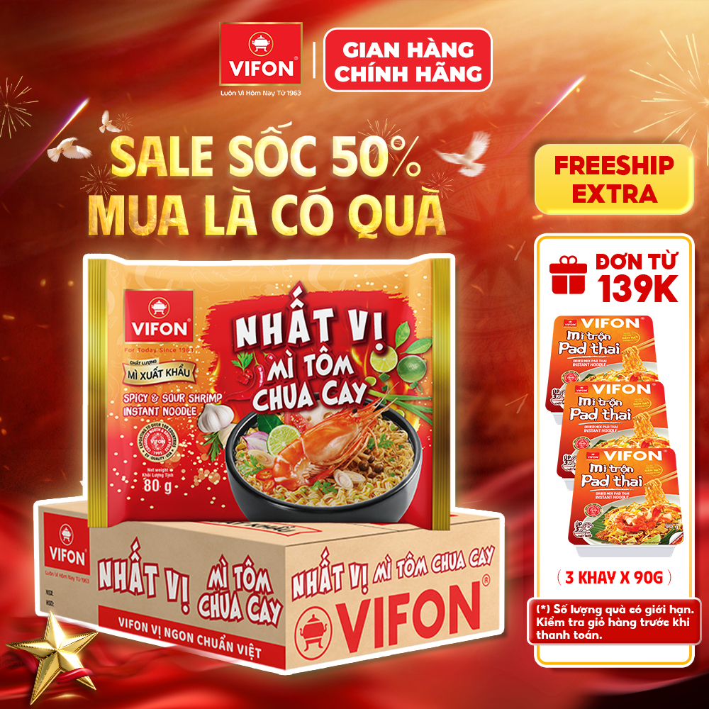 [VOUCHER HOT 10%] Thùng 30 Gói Mì Nhất Vị VIFON 80g Chuẩn Xuất Khẩu Châu Âu (Tôm Chua Cay / Gà Phô M