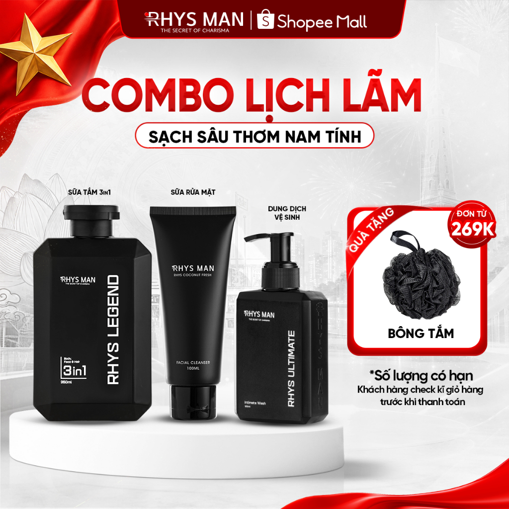 Combo Sữa tắm gội nam 3in1 350ml & Sữa rửa mặt nam 100ml & Dung dịch vệ sinh nam 120ml Rhys Man - Co