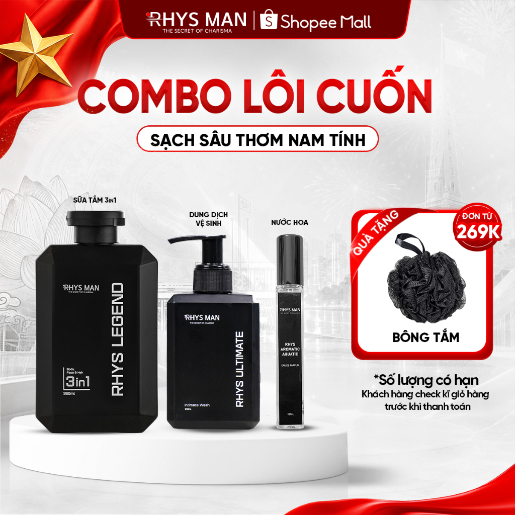Combo Sữa tắm gội nam 3in1 350ml & Dung dịch vệ sinh nam 120ml & Nước hoa 10ml Rhys Man - Combo Lôi Cuốn