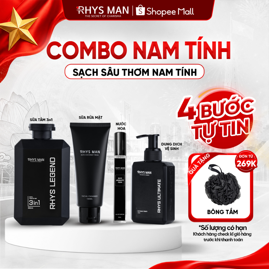 Combo Sữa tắm gội nam 3in1 350ml & Sữa rửa mặt 100ml & Dung dịch vệ sinh 120ml & Nước hoa 10ml Rhys 