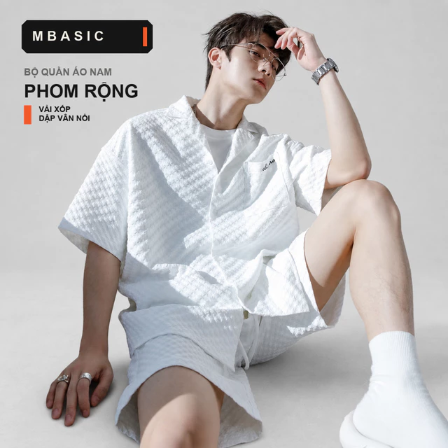 Bộ quần áo nam phom rộng vải xốp cotton pha dập vân nổi, áo sơ mi và quần short MBASIC