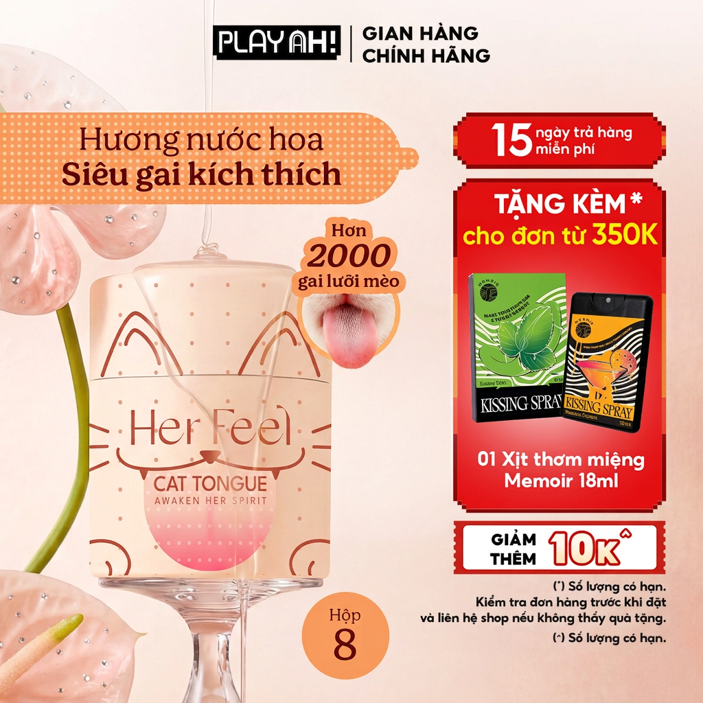 Bao cao su PlayAh! Her Feel Cat Tongue Siêu Gai Lưỡi Mèo Hộp 1/8