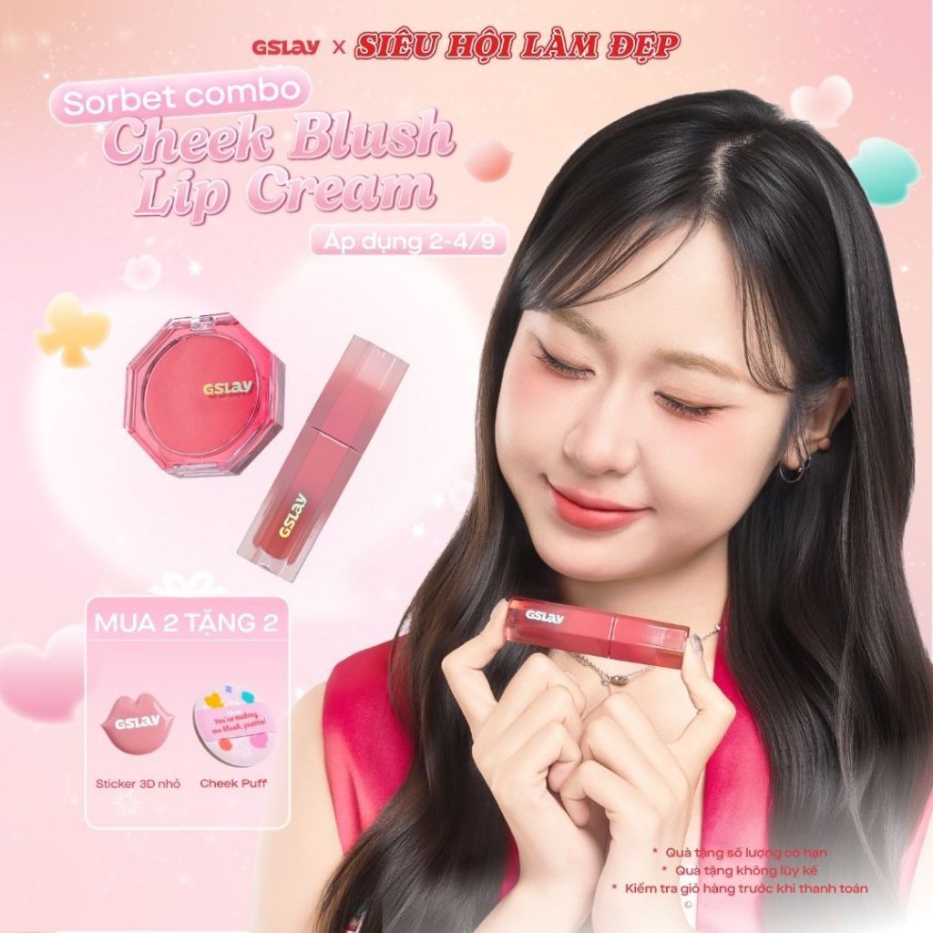 Combo GSLAY SORBET Má hồng kem hoá phấn thuần chay mịn lì (5g) & Son kem mịn mượt mờ lì thuần chay (