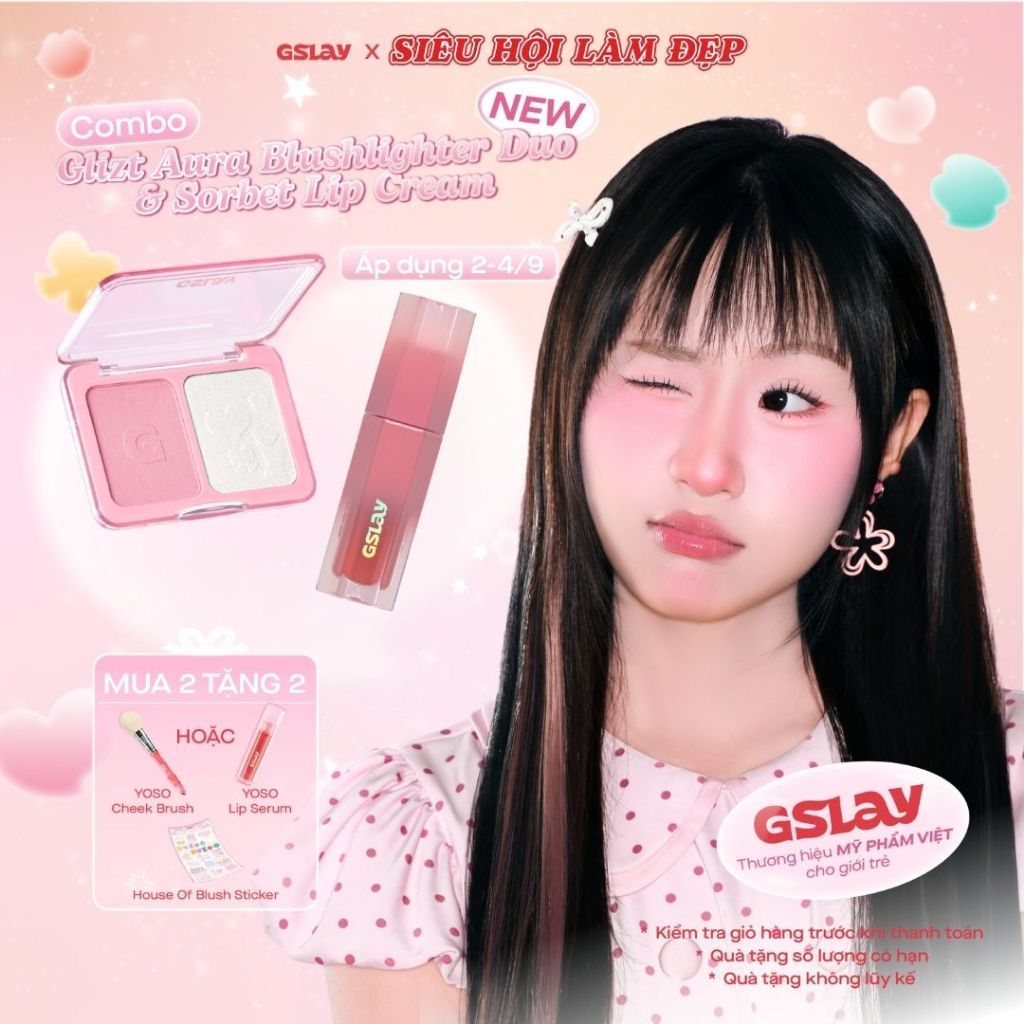 Combo Bảng má hồng GSLAY Glitz Aura Blushlighter Duo phấn má nướng mịn 7,6g và Son kem GSLAY Sorbet 