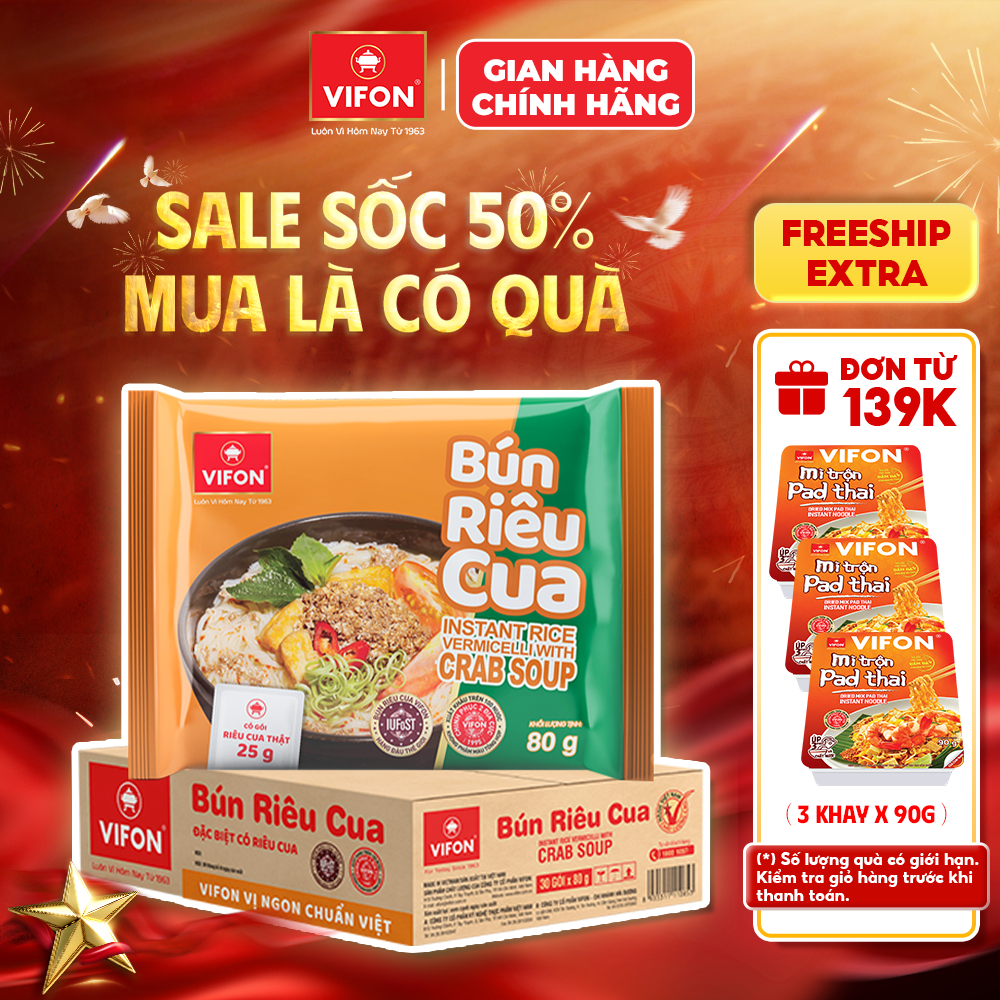 [VOUCHER HOT 10%] Thùng 30 Gói Bún Riêu Cua VIFON 80g Có Gói Riêu Cua Thật Sợi Bún Dai Mềm