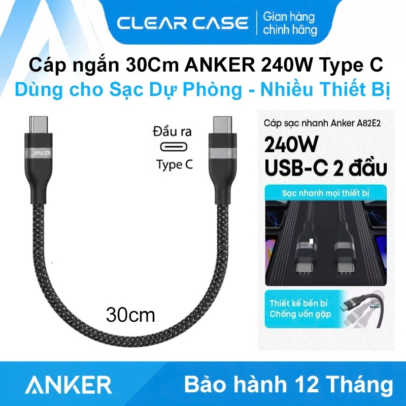 Cáp sạc ngắn 240W ANKER Nano Type C-C bọc dù cho Điện thoại Laptop Mac siêu bền siêu mềm Chính hãng 