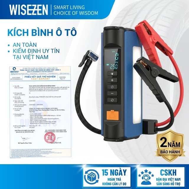 Bơm Ô Tô Kích Bình Ô Tô 4 Trong 1 Wisezen An Toàn Bơm 3 - 5 Phút Tích Hợp Sạc Dự Phòng Và Đèn Pin Bảo Hành 12 Tháng