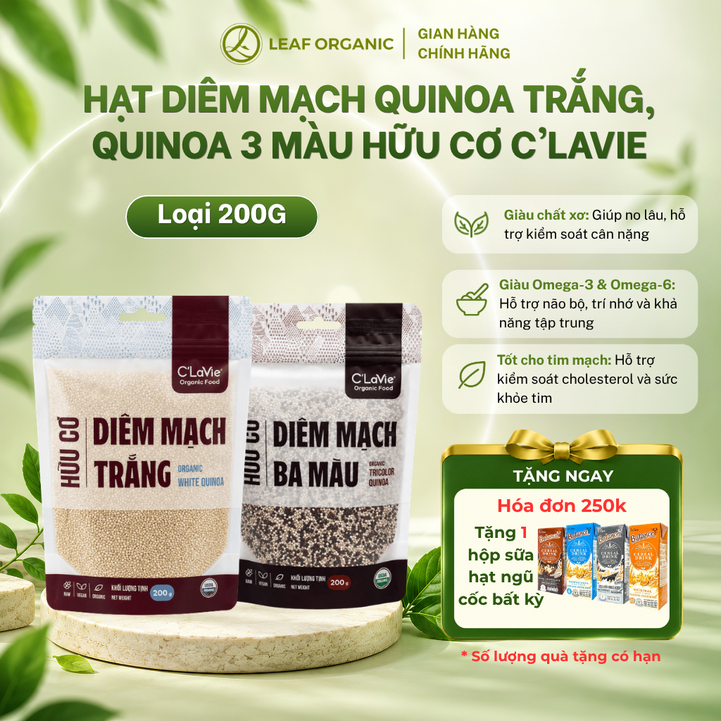 Hạt diêm mạch quinoa trắng, quinoa 3 màu hữu cơ C'LaVie 200g