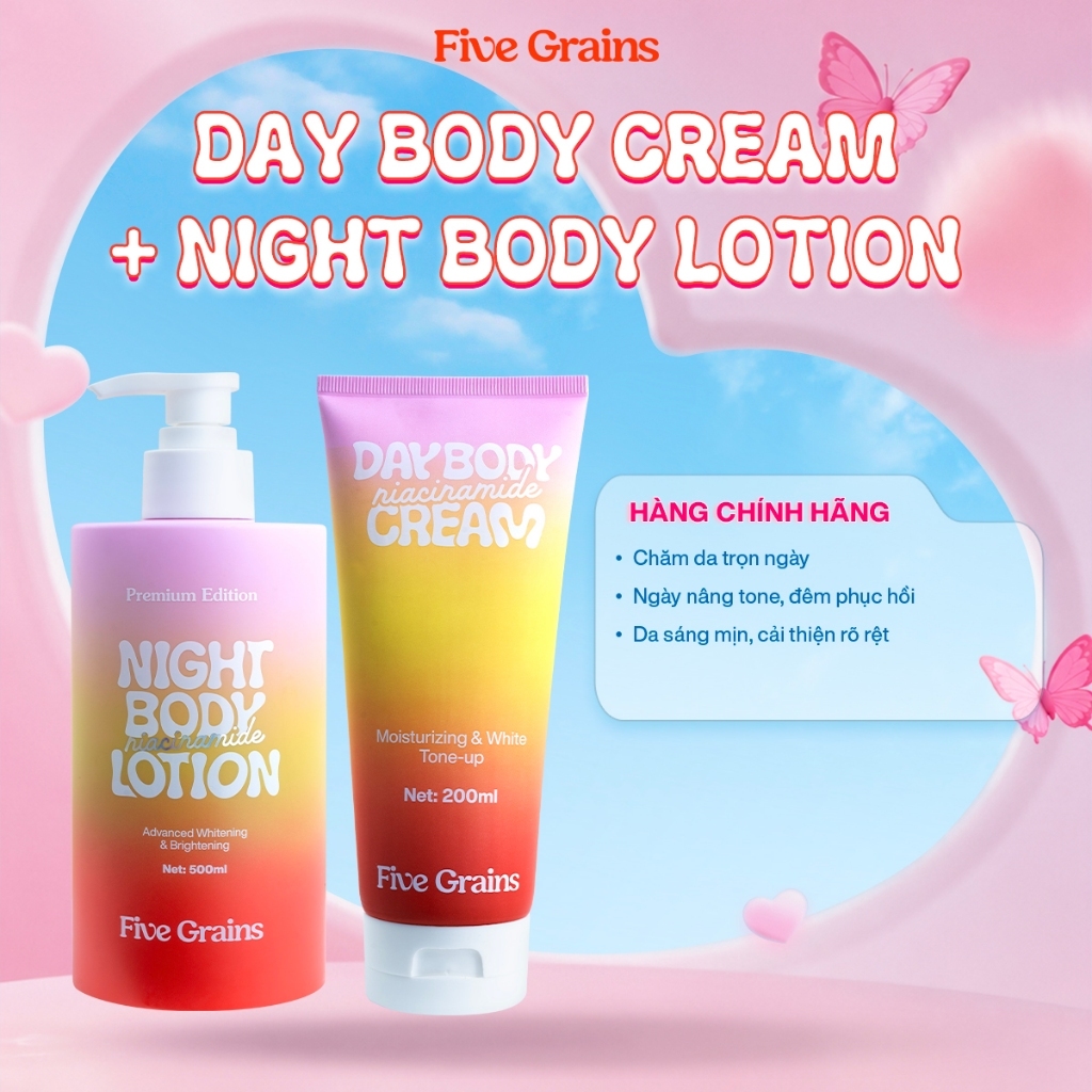 Combo kem dưỡng giúp dưỡng ẩm dưỡng trắng da body ban ngày 200ml và ban đêm 500ml Five Grains Niacin