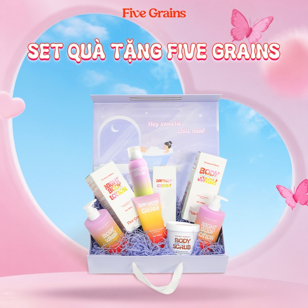 Set quà yêu thương Five Grains (sữa tắm/kem dưỡng/xịt chống nắng/tẩy tế bào chết)