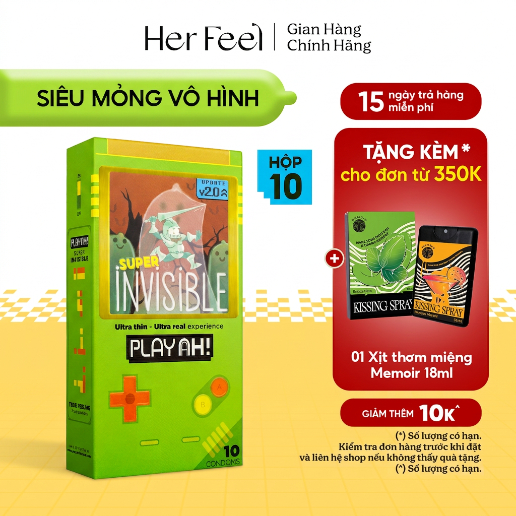 Bao Cao Su PlayAh Super Invisible Siêu Mỏng/ Nhiều Gel/ Kéo Dài Thời Gian/ Có Gai Hộp 10 size 52mm