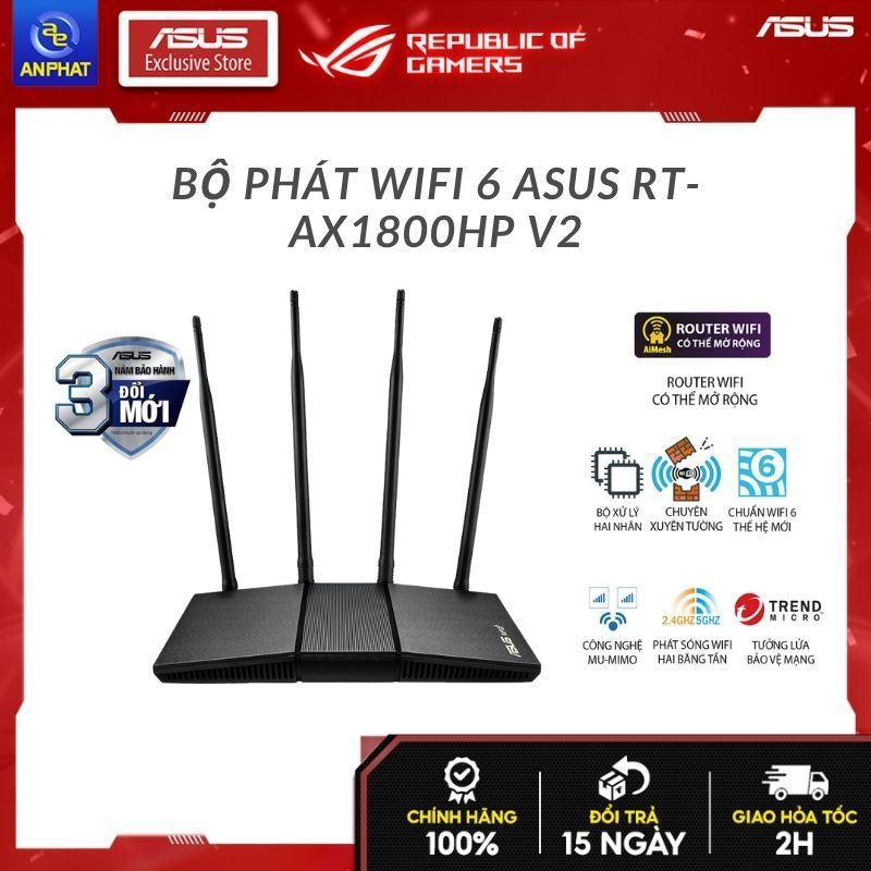 [BH 36 Tháng] Bộ phát wifi 6 Asus RT-AX1800HP v2 MU-MIMO AX1800Mbps (Xuyên tường)