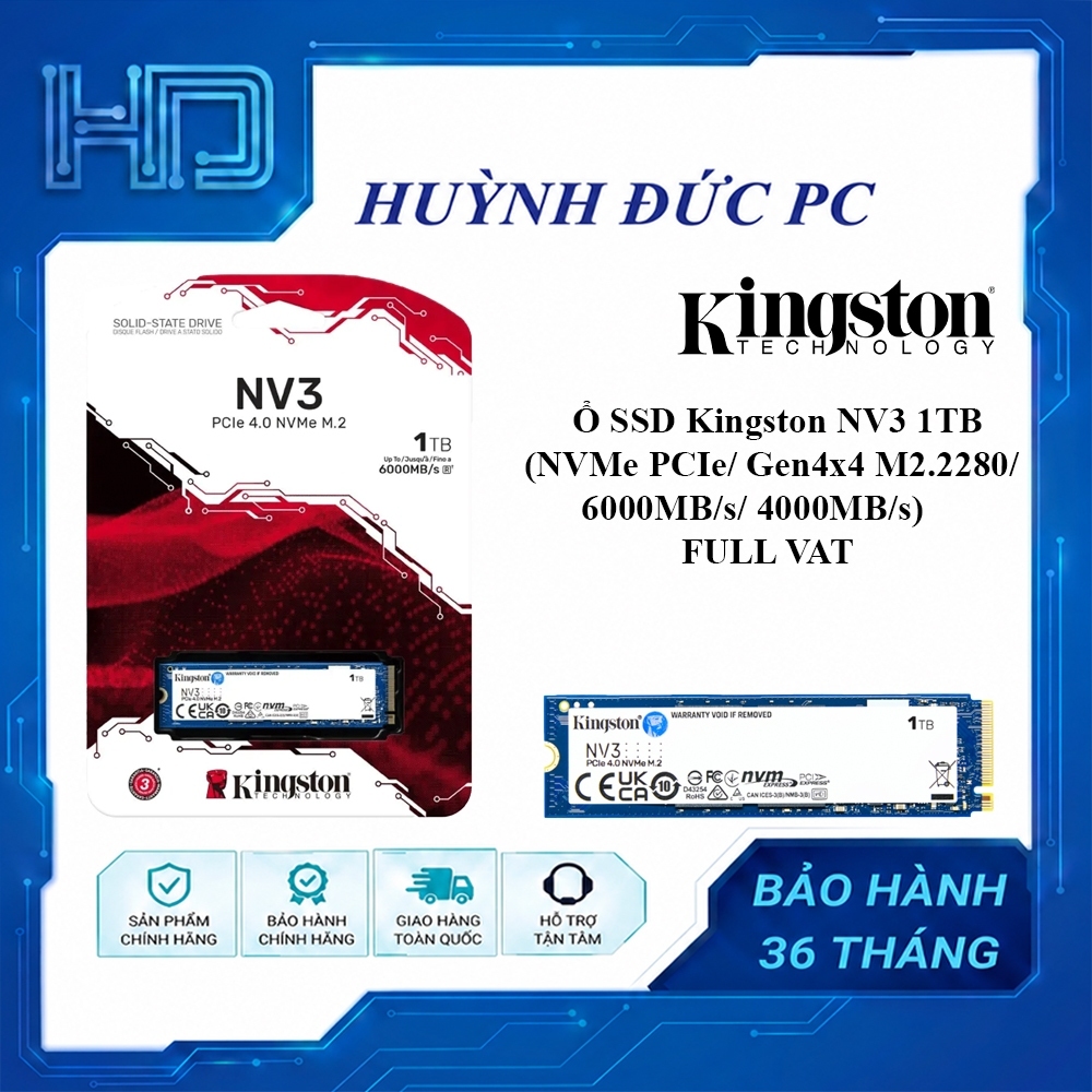 [FULL VAT] Ổ SSD Kingston NV3 1TB M.2 2280 PCIe 4.0 x4 NVMe, Đọc 6000MB/s, Ghi 4000MB/s - Hàng Chính