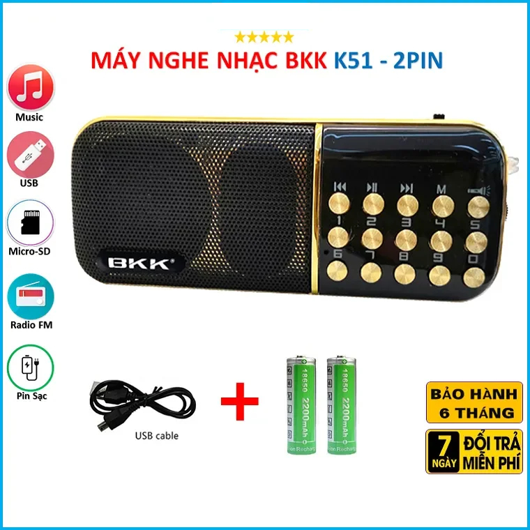 Loa Nghe Đài BKK K51 Hỗ Trợ Fm/Usb/TF - Loa Có Đèn Pin (Đen Đỏ)