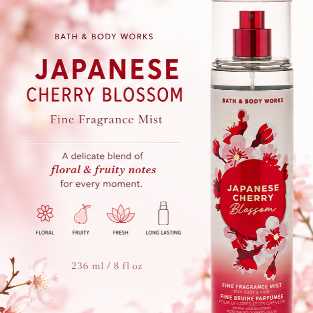 Xịt Thơm Toàn Thân Bath & Body Works Japanese Cherry Blossom - Hương Anh Đào, Nhài Trắng, Gỗ Đàn Hươ