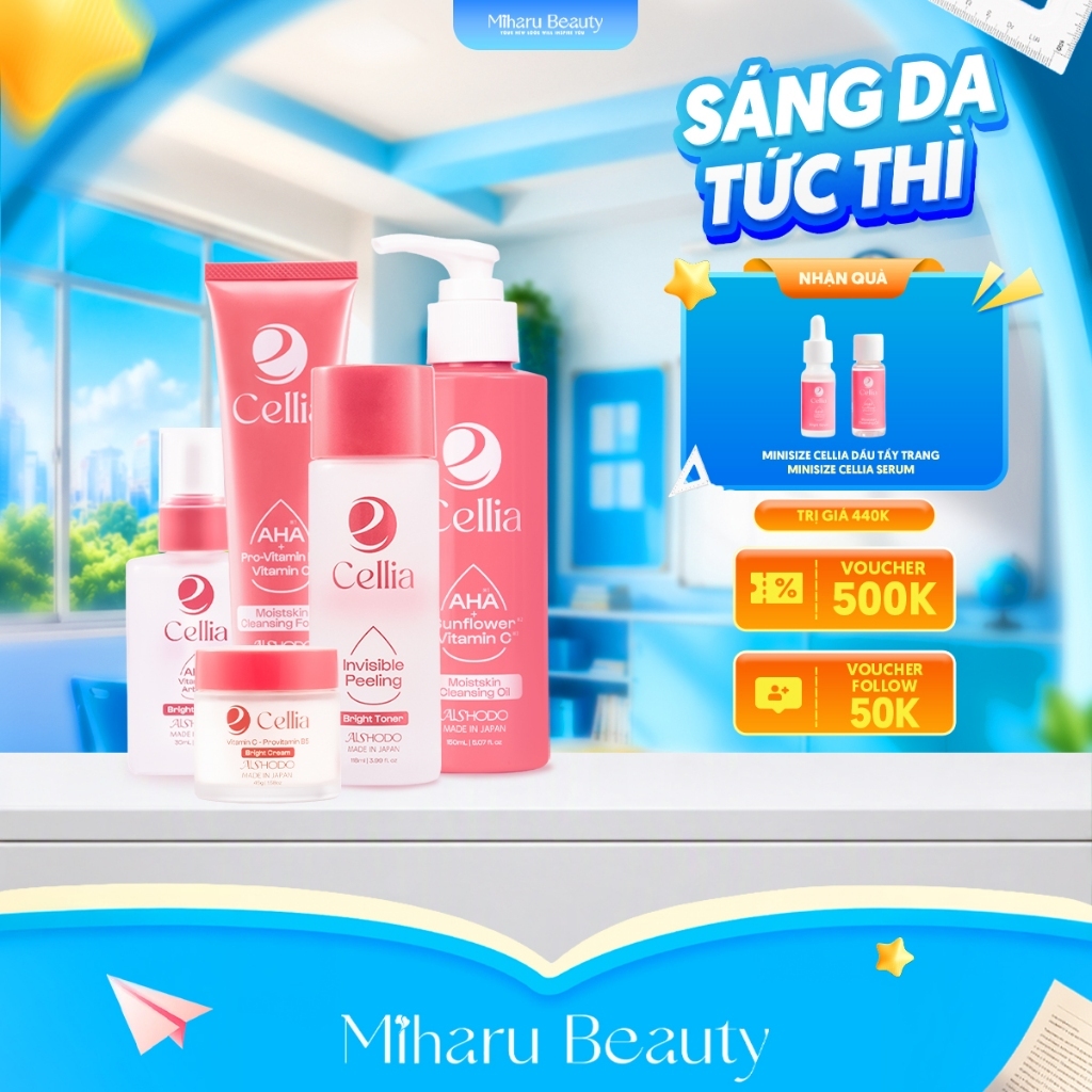 Combo 5 Bước Dưỡng Sáng Da Kiềm Dầu Cellia Moistskin Nhật Bản - Tẩy Trang + Sữa Rửa Mặt + Toner AHA 