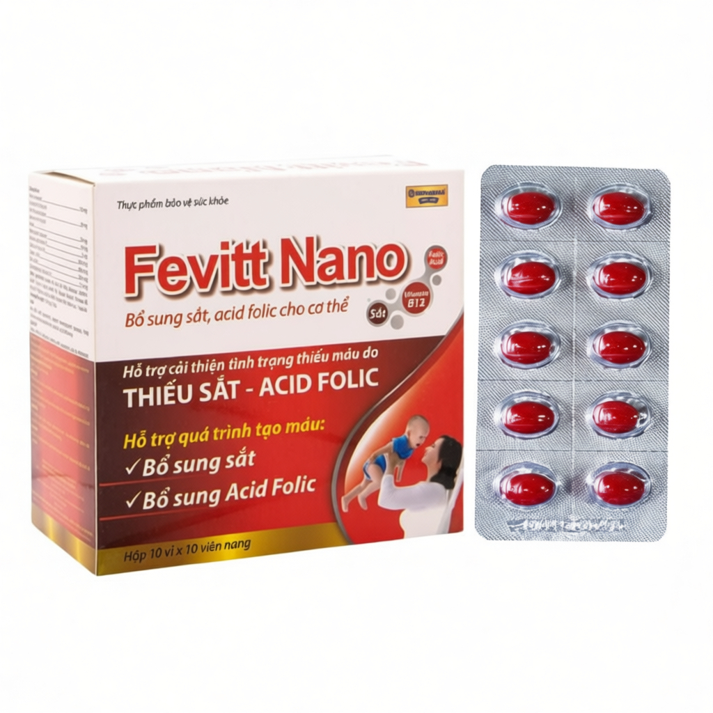 Viên Uống Fevitt Nano Bổ Sung Sắt Acid Folic Vitamin Cho Cơ Thể Hộp 100 Viên