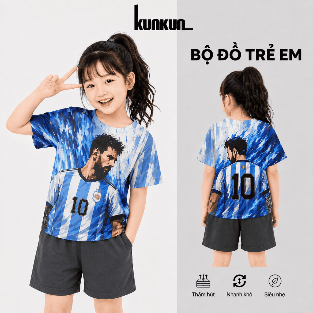 Đồ Bộ Đá Banh Bé Gái In 3D Cầu Thủ Messi Xanh Dương Phối Trắng Thấm Hút Mồ Hôi - KunKun Kid