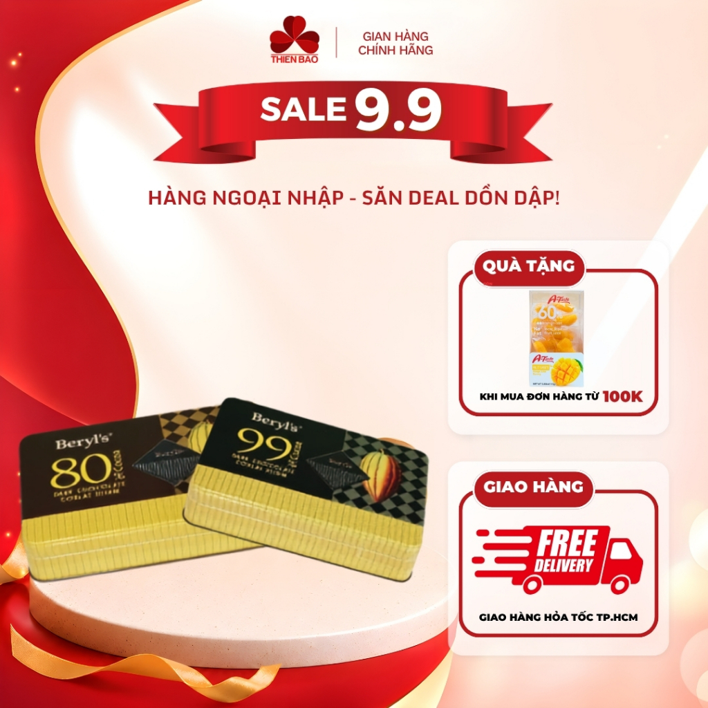 Socola đắng Beryl's cacao dark chocolate 99% 80% cacao - hộp thiếc 108g nhập khẩu Malaysia - Thiên B