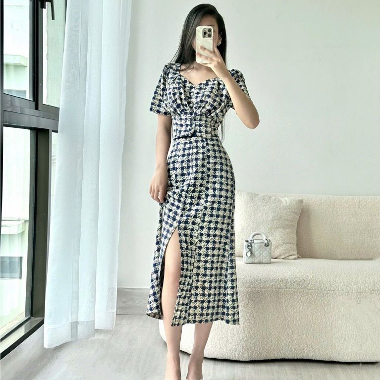 Set kẻ áo cổ leo + chân váy đuôi cá hai màu A2345